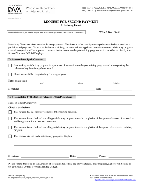 Form WDVA2085 Request for Second Payment - Retraining Grant - Wisconsin