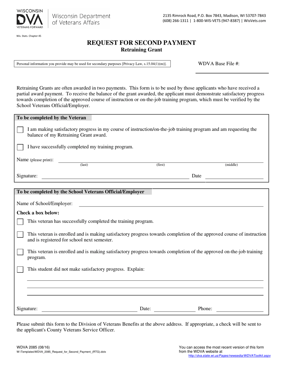 Form WDVA2085 Request for Second Payment - Retraining Grant - Wisconsin, Page 1
