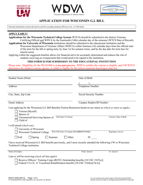 Form WDVA2029 Application for Wisconsin G.i. Bill - Wisconsin
