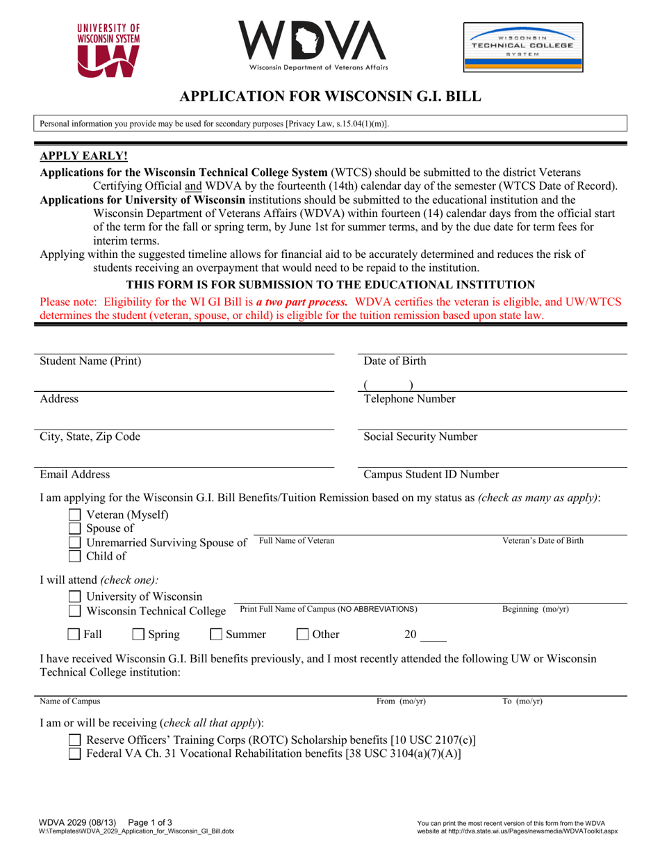 Form WDVA2029 Application for Wisconsin G.i. Bill - Wisconsin, Page 1