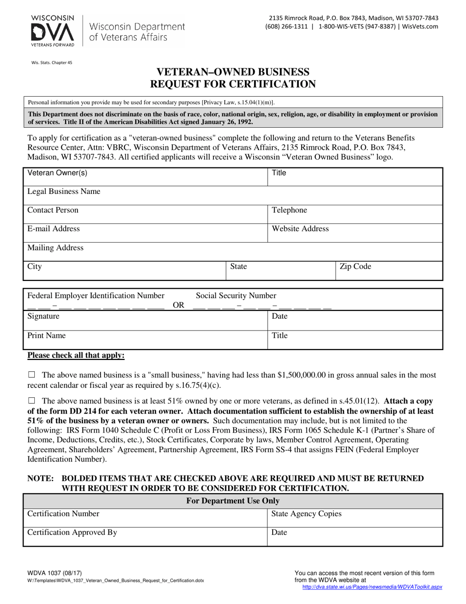 Form WDVA1037 Veteran-Owned Business Request for Certification - Wisconsin, Page 1