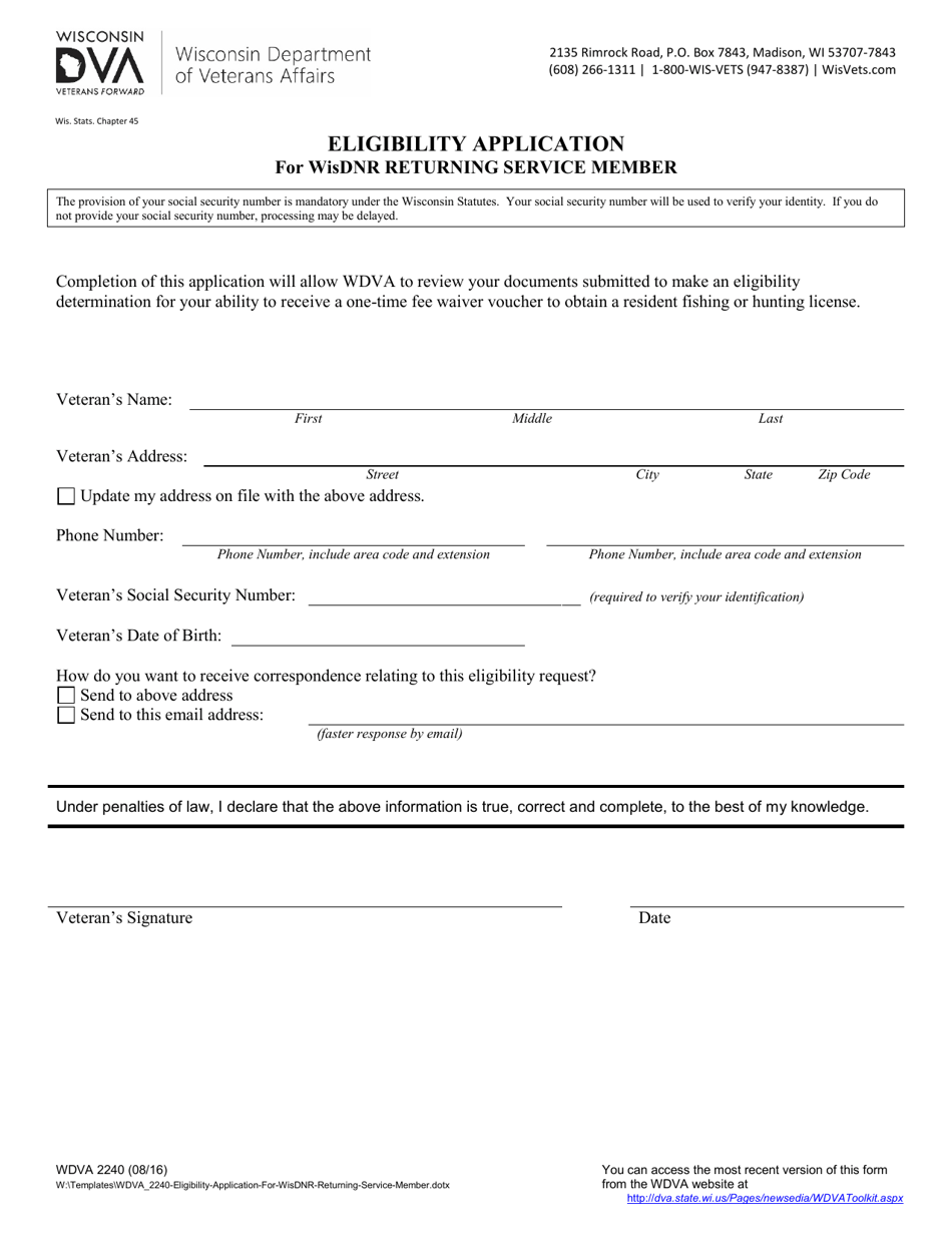Form WDVA2240 Eligibility Application for Wisdnr Returning Service Member - Wisconsin, Page 1