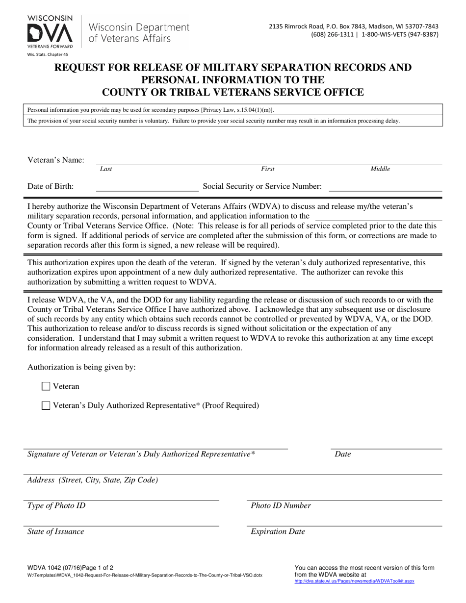 Form WDVA1042 Request for Release of Military Separation Records and Personal Information to the County or Tribal Veterans Service Office - Wisconsin, Page 1