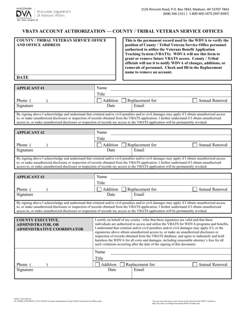 Form WDVA2419 Vbats Account Authorization - County/Tribal Veteran Service Offices - Wisconsin