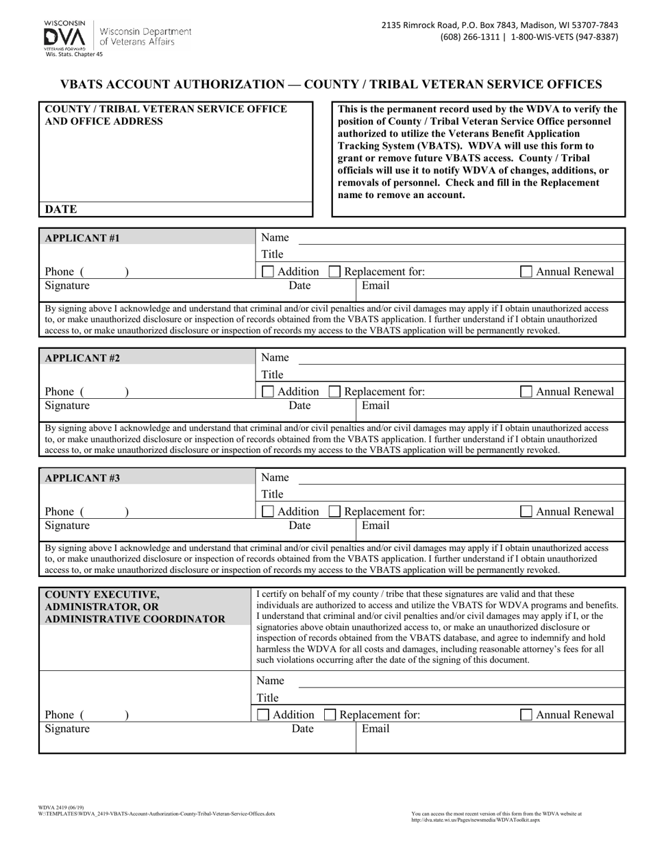 Form WDVA2419 Vbats Account Authorization - County / Tribal Veteran Service Offices - Wisconsin, Page 1