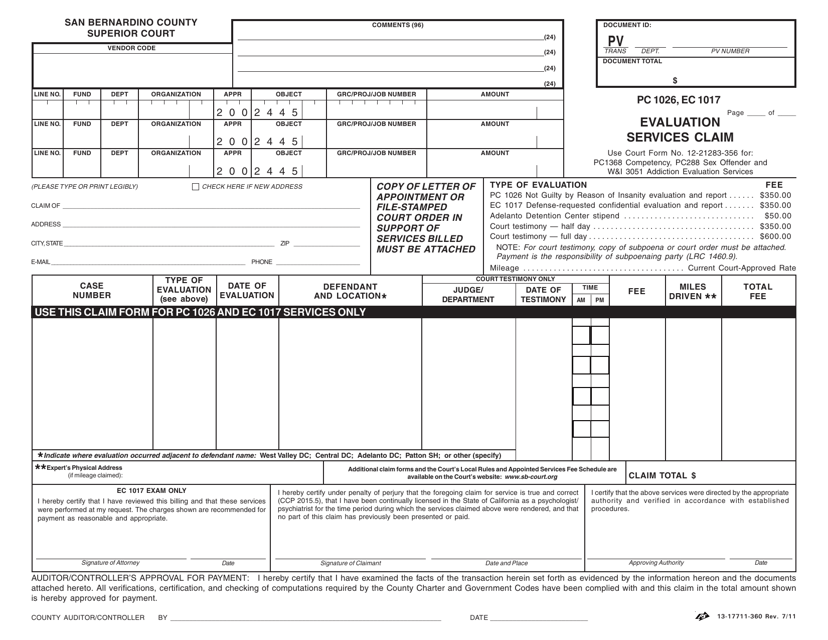 Form 13-17711-360 Evaluation Services Claim - County of San Bernardino, California