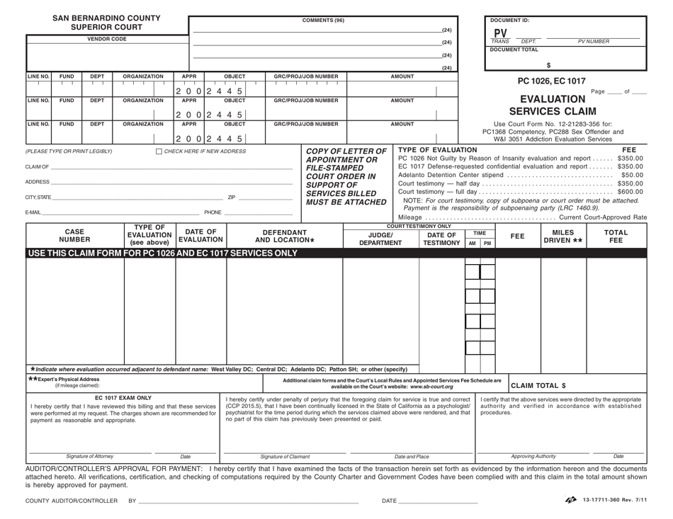 Form 13-17711-360 Evaluation Services Claim - County of San Bernardino, California, Page 1