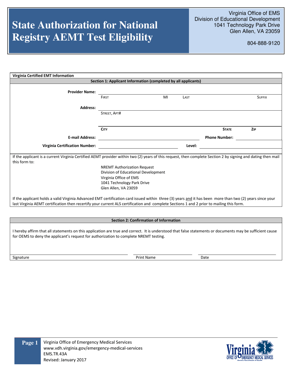 Form TR-43A State Authorization for National Registry Aemt Test Eligibility - Virginia, Page 1