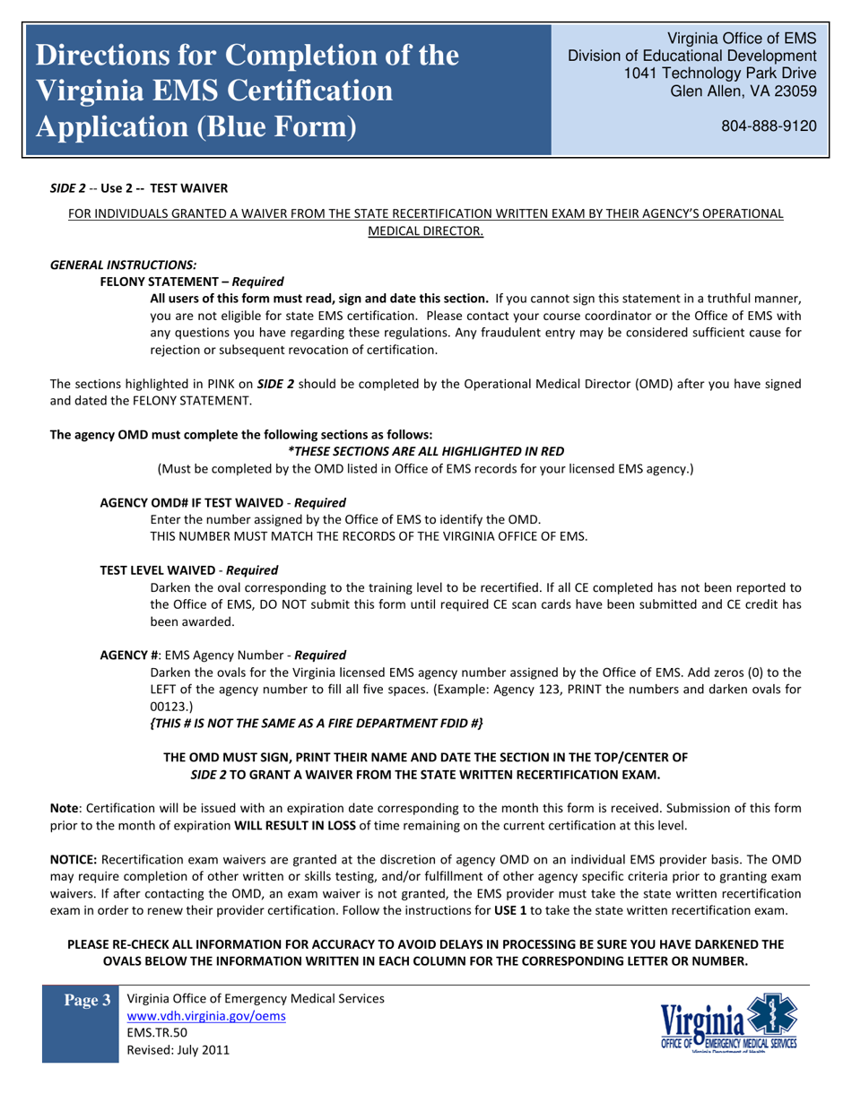 Form EMS.TR.50 Directions for Completion of the Virginia EMS Certification Application (Blue Form) - Virginia, Page 3