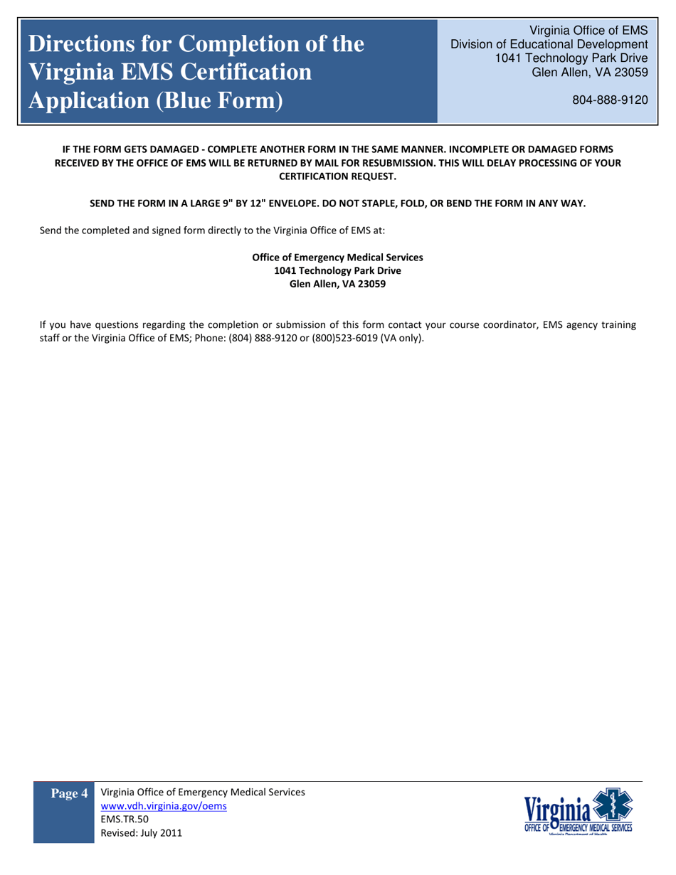 Form EMS.TR.50 Directions for Completion of the Virginia EMS Certification Application (Blue Form) - Virginia, Page 4