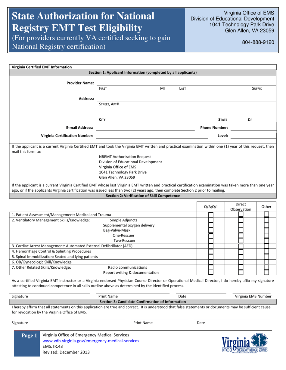 Form EMS.TR.43 State Authorization for National Registry Emt Test Eligibility (For Providers Currently VA Certified Seeking to Gain National Registry Certification) - Virginia, Page 1