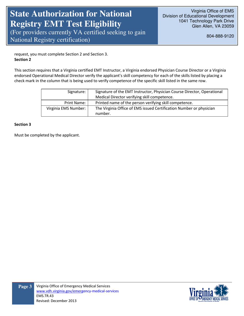 Form EMS.TR.43 State Authorization for National Registry Emt Test Eligibility (For Providers Currently VA Certified Seeking to Gain National Registry Certification) - Virginia, Page 3