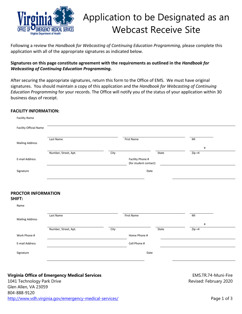 Form EMS.TR.74-MUNI-FIRE Application to Be Designated as an Webcast Receive Site - Virginia, Page 1