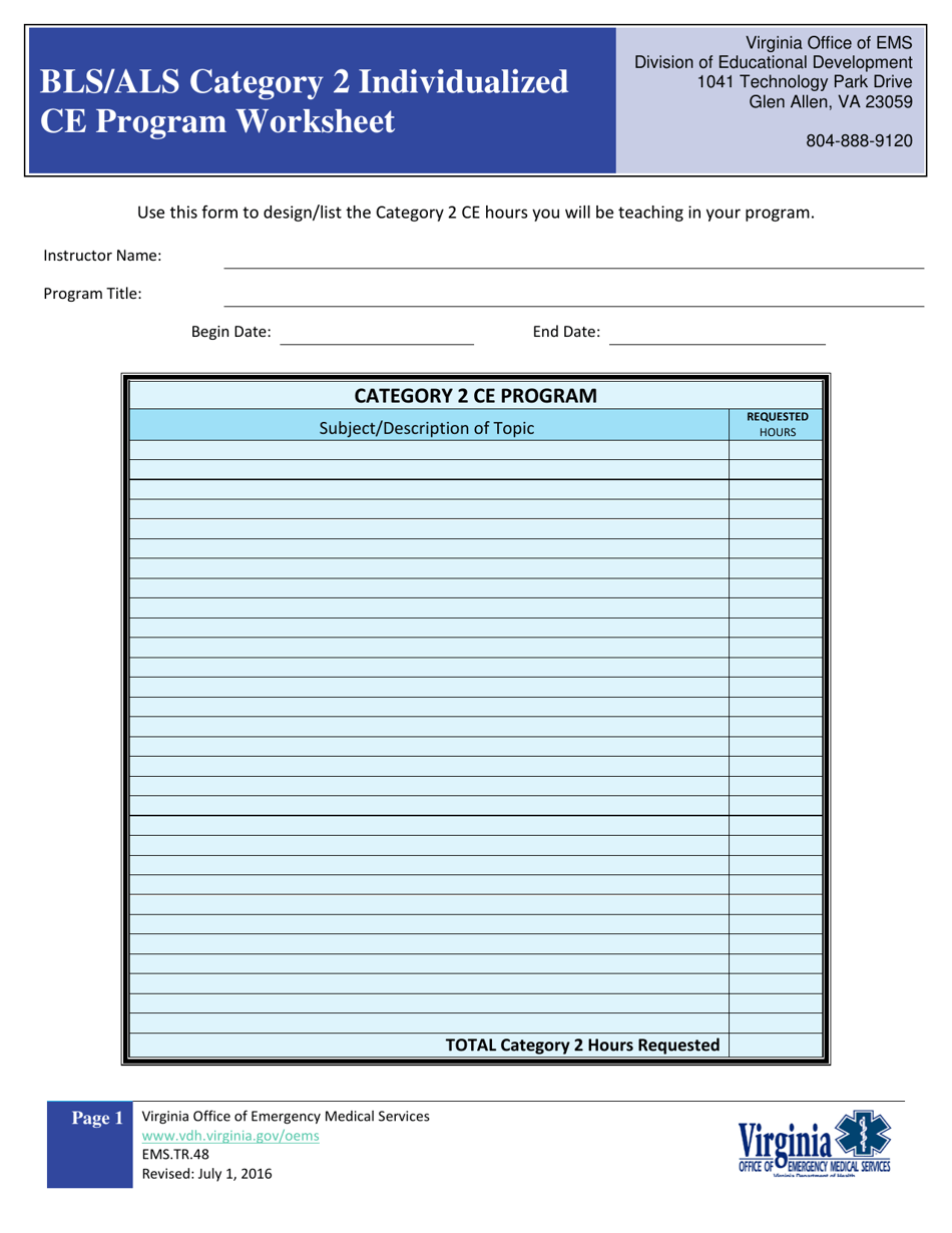 Form EMS.TR.48 Bls / Als Category 2 Individualized Ce Program Worksheet - Virginia, Page 1
