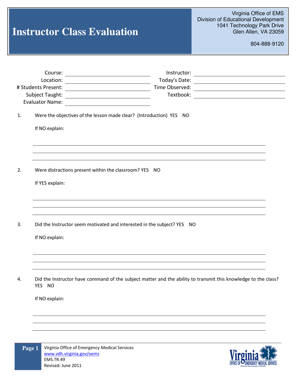 Form EMS.TR.49 Instructor Class Evaluation - Virginia, Page 1