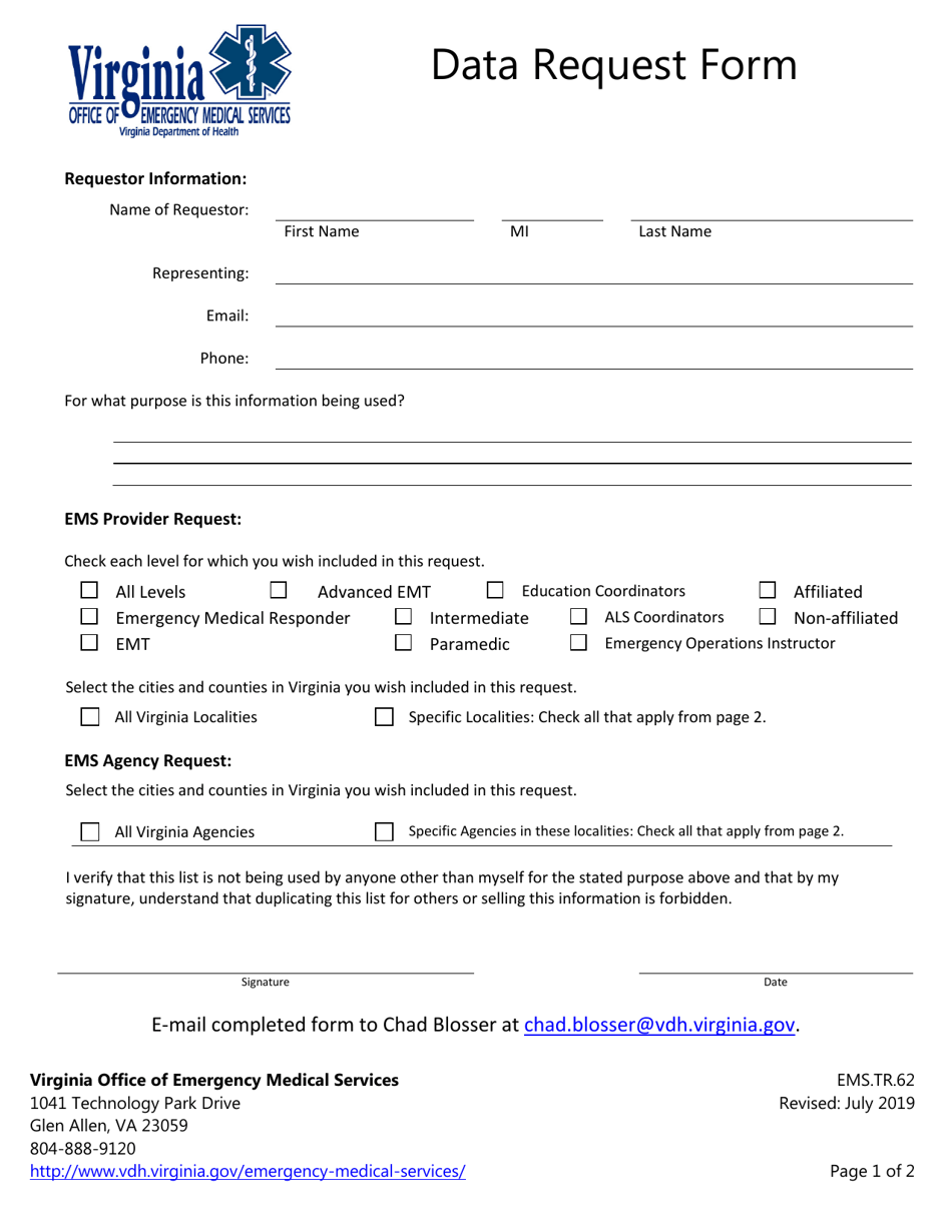Form EMS.TR.62 Data Request Form - Virginia, Page 1