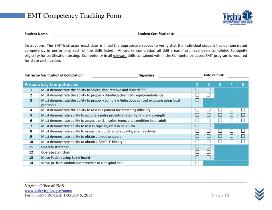 Form TR-90 Emt Competency Tracking Form - Virginia, Page 1