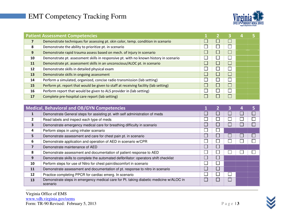 Form TR-90 Emt Competency Tracking Form - Virginia, Page 3