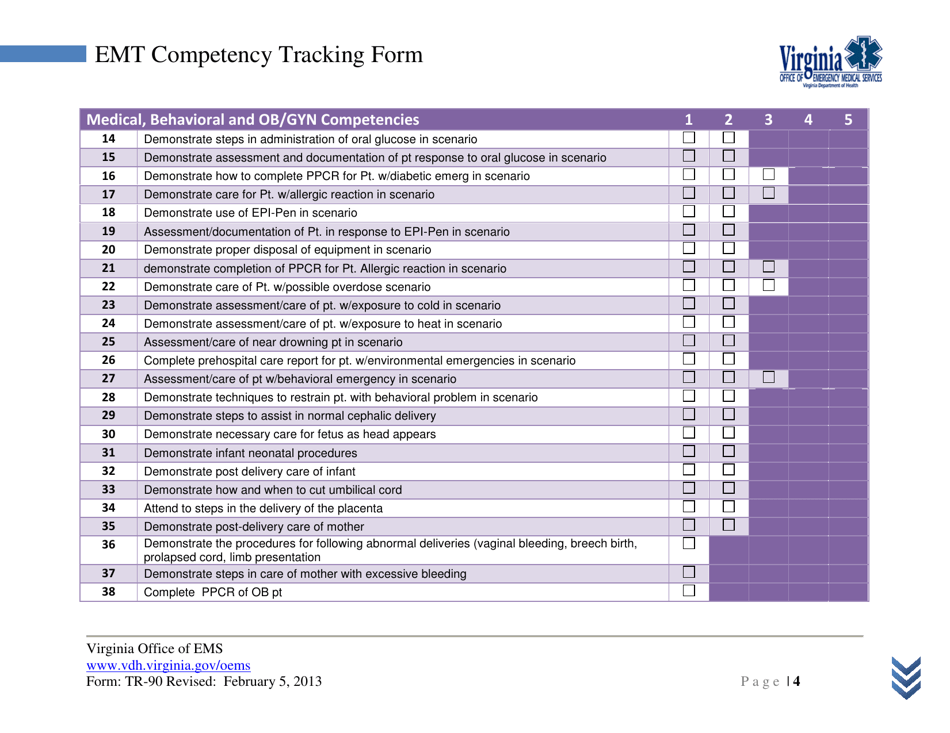 Form TR-90 Emt Competency Tracking Form - Virginia, Page 4