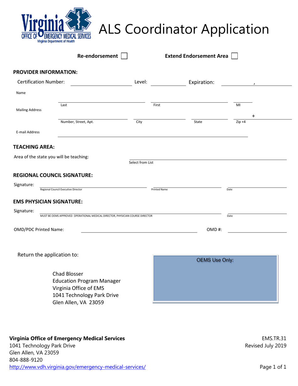 Form EMS.TR.31 Als Coordinator Application - Virginia, Page 1
