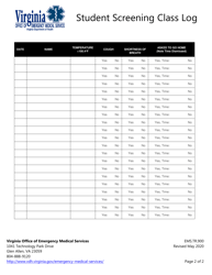 Form EMS.TR.900 Student Screening Class Log - Virginia, Page 2