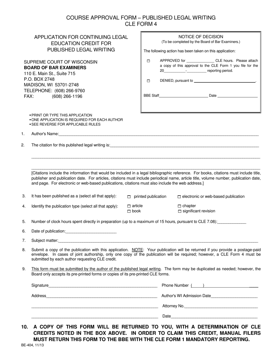 CLE Form 4 (BE-404) Application for Continuing Legal Education Credit for Published Legal Writing - Wisconsin, Page 1