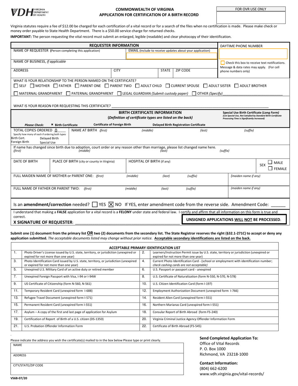 Form VS6B - Fill Out, Sign Online and Download Fillable PDF, Virginia ...