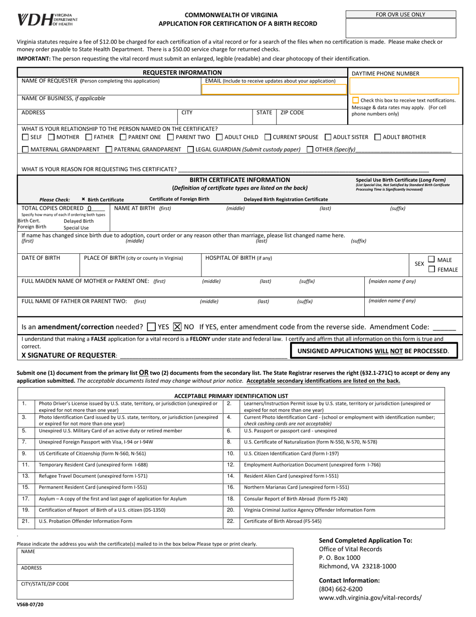 Form VS6B Application for Certification of a Birth Record - Virginia, Page 1