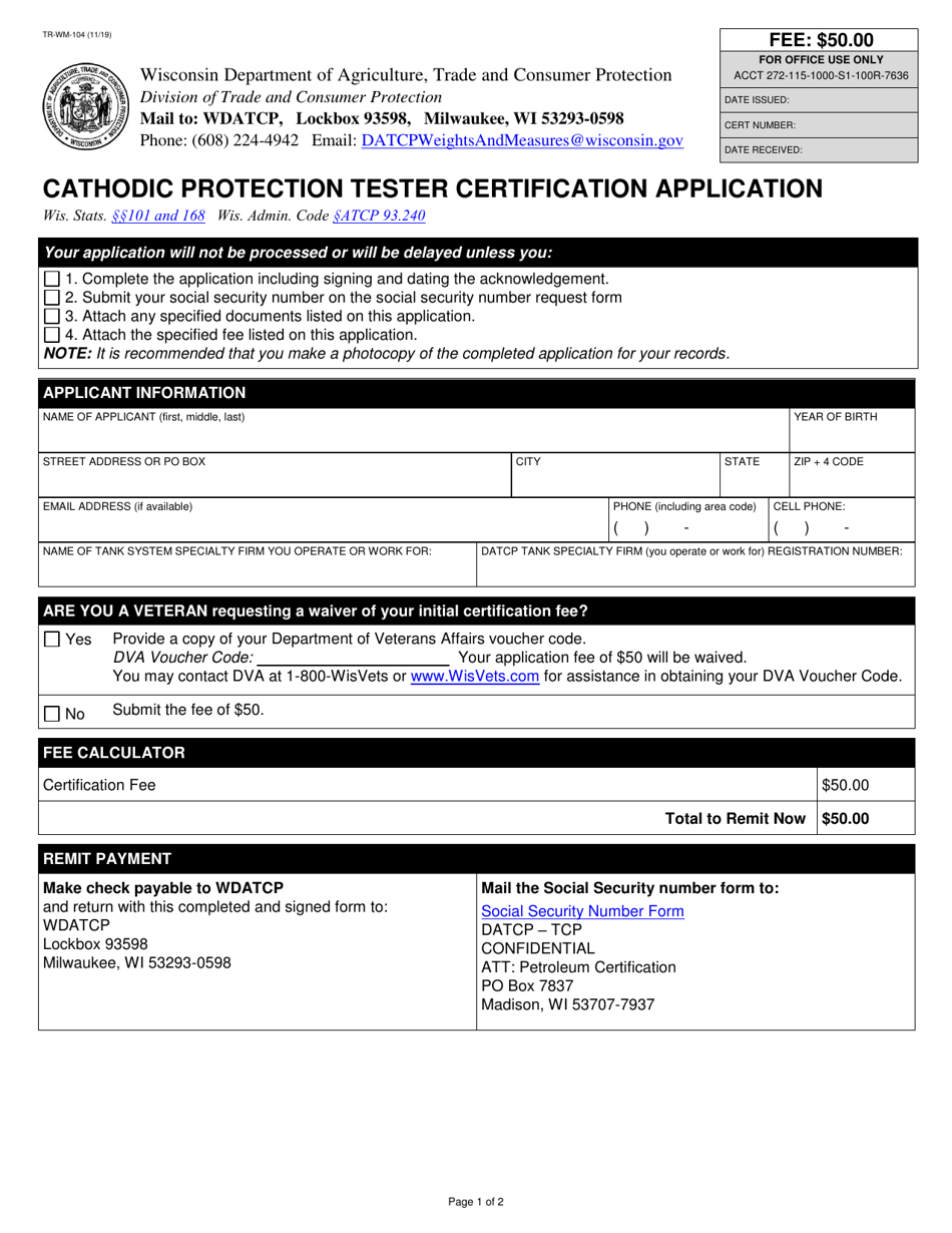 Form TR-WM-104 Cathodic Protection Tester Certification Application - Wisconsin, Page 1