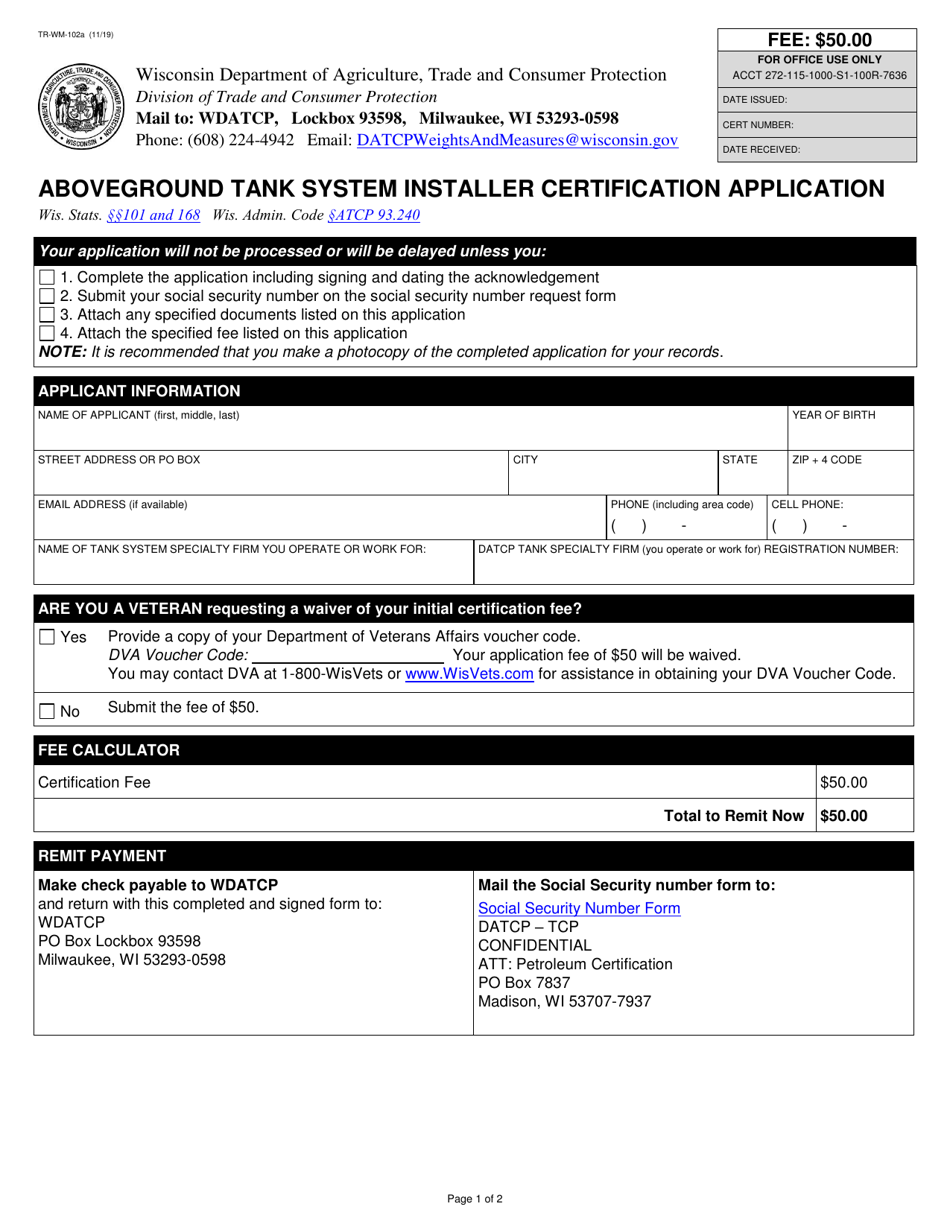 Form TR-WM-102A Aboveground Tank System Installer Certification Application - Wisconsin, Page 1