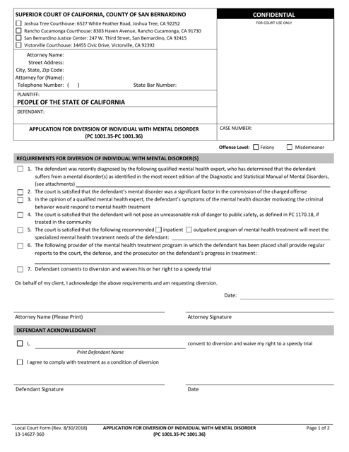 Form 13-14627-360 Application for Diversion of Individual With Mental Disorder - County of San Bernardino, California
