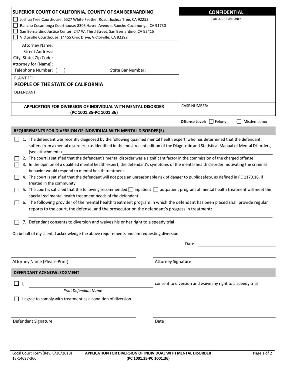 Form 13-14627-360 Application for Diversion of Individual With Mental Disorder - County of San Bernardino, California, Page 1