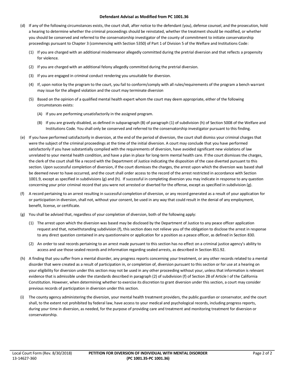 Form 13-14627-360 Application for Diversion of Individual With Mental Disorder - County of San Bernardino, California, Page 2