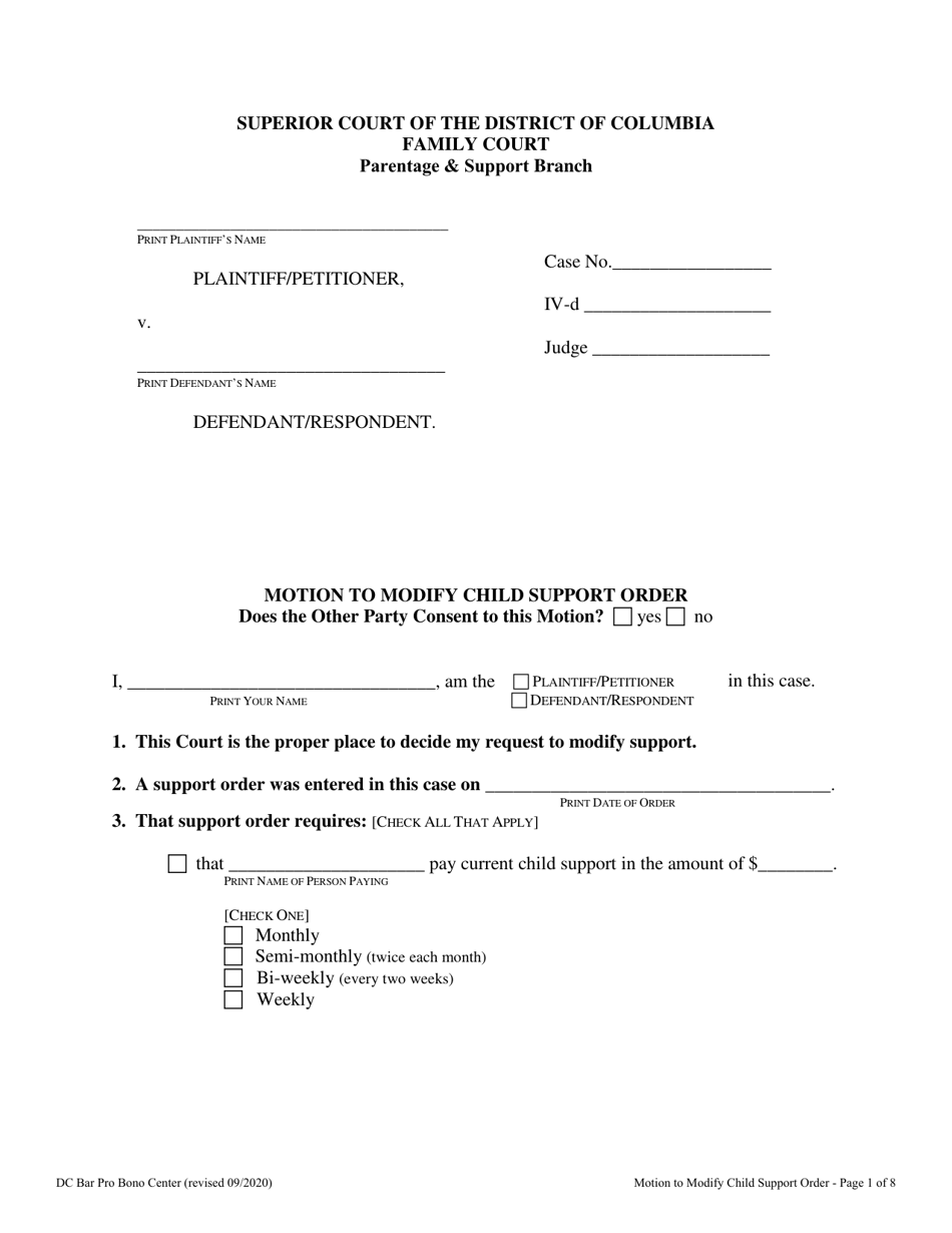 Motion to Modify Child Support Order - Washington, D.C., Page 1