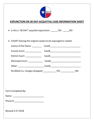 Document preview: Expunction or 30 Day Acquittal Case Information Sheet - Collin County, Texas