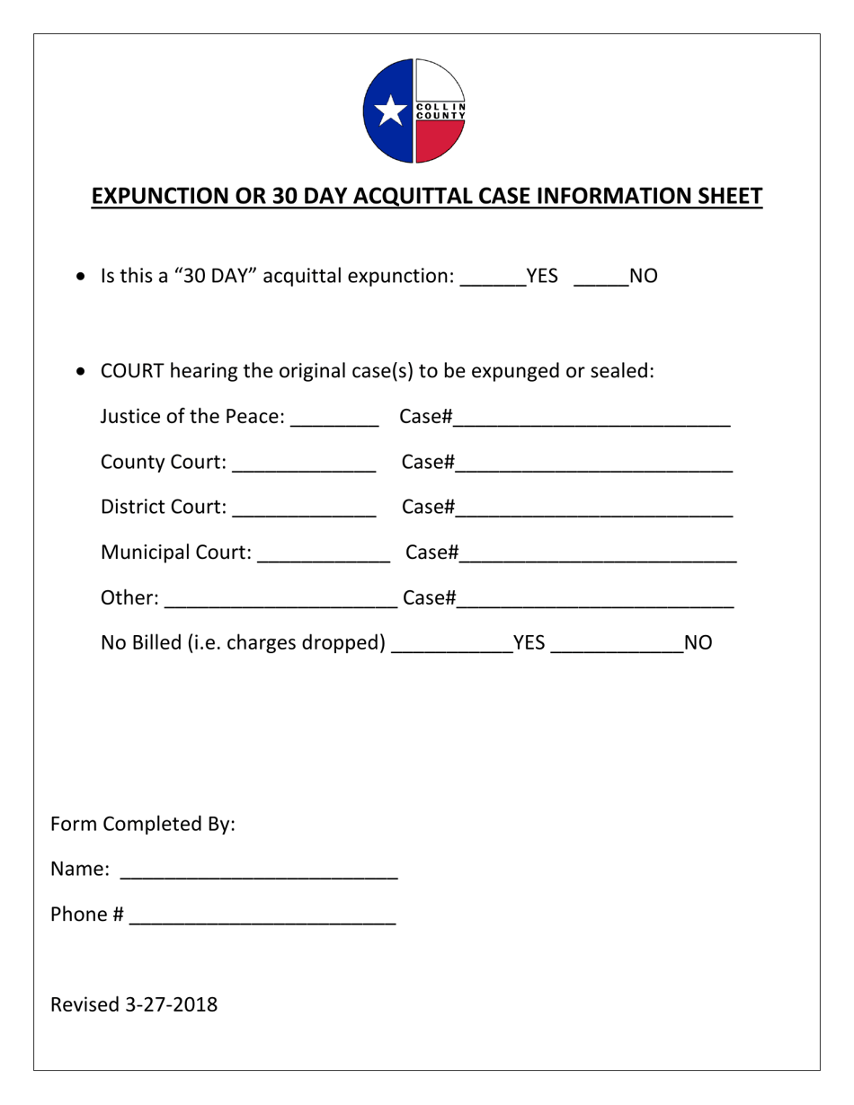 Expunction or 30 Day Acquittal Case Information Sheet - Collin County, Texas, Page 1