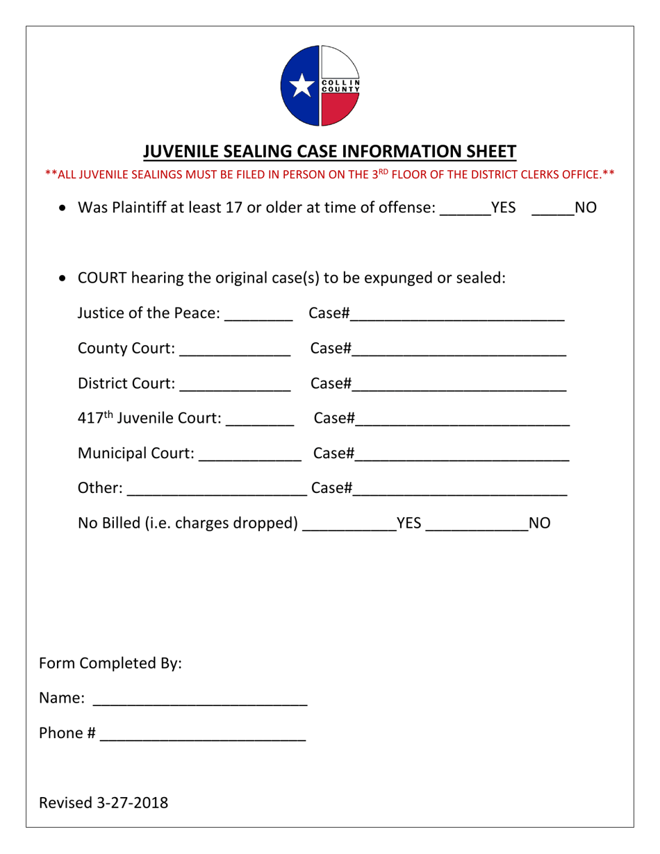 Collin County Opc Example.pdf Collin County, Texas Juvenile Sealing Case Information Sheet - Fill Out ...