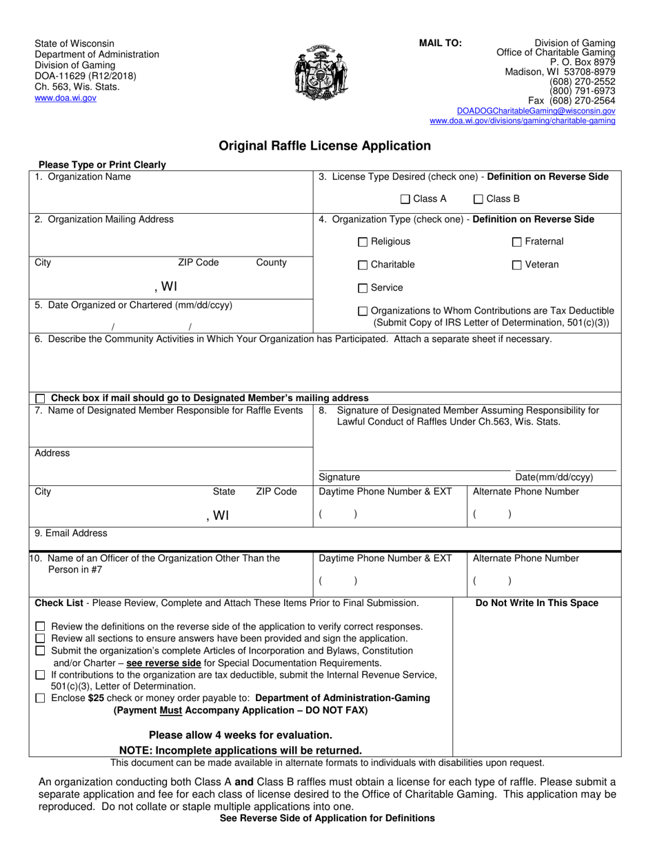 Form DOA-11629 Original Raffle License Application - Wisconsin, Page 1