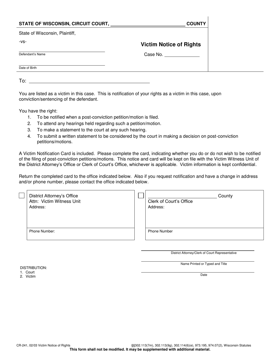 Form CR-241 Victim Notice of Rights - Wisconsin, Page 1