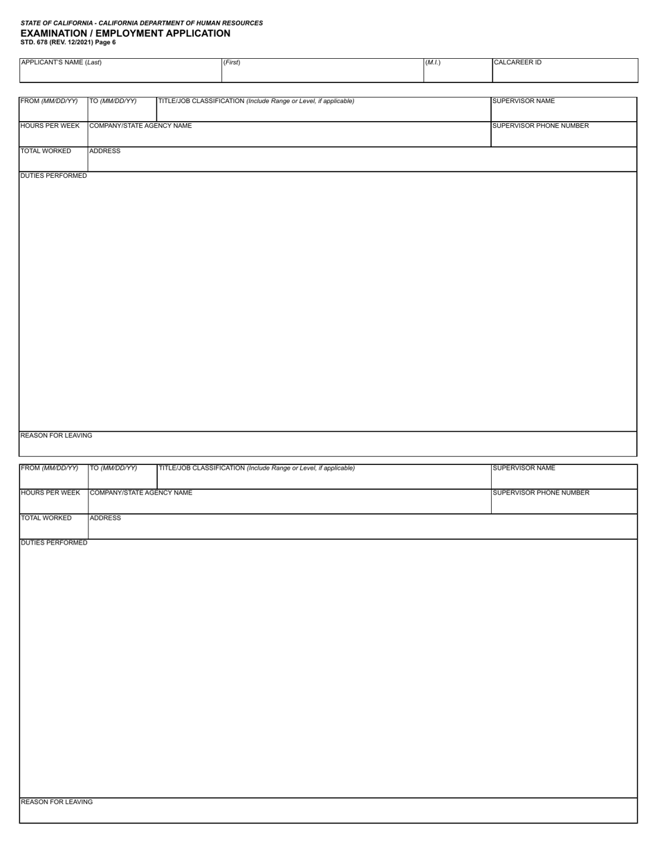 Form STD.678 Examination / Employment Application - California, Page 6