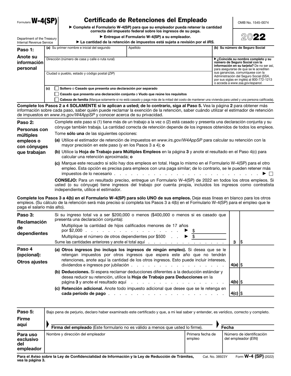 IRS Formulario W-4(SP) Certificado De Retenciones Del Empleado (Spanish), Page 1