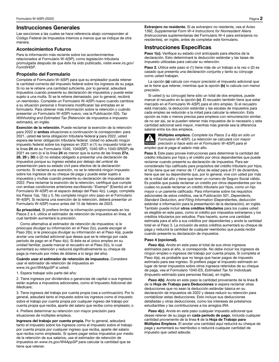 IRS Formulario W-4(SP) Certificado De Retenciones Del Empleado (Spanish), Page 2