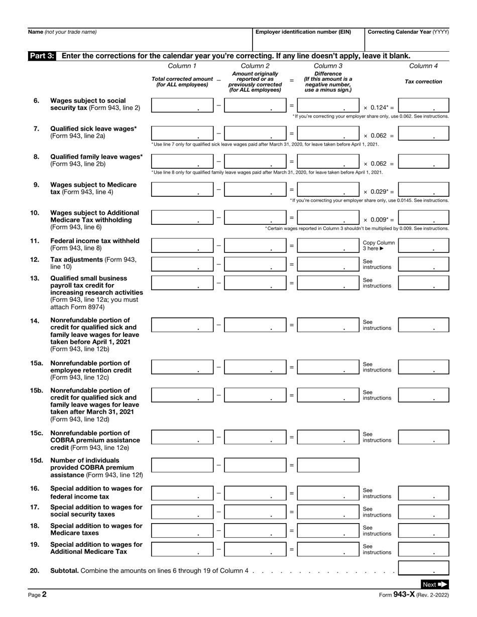 IRS Form 943-X Adjusted Employers Annual Federal Tax Return for Agricultural Employees or Claim for Refund, Page 2