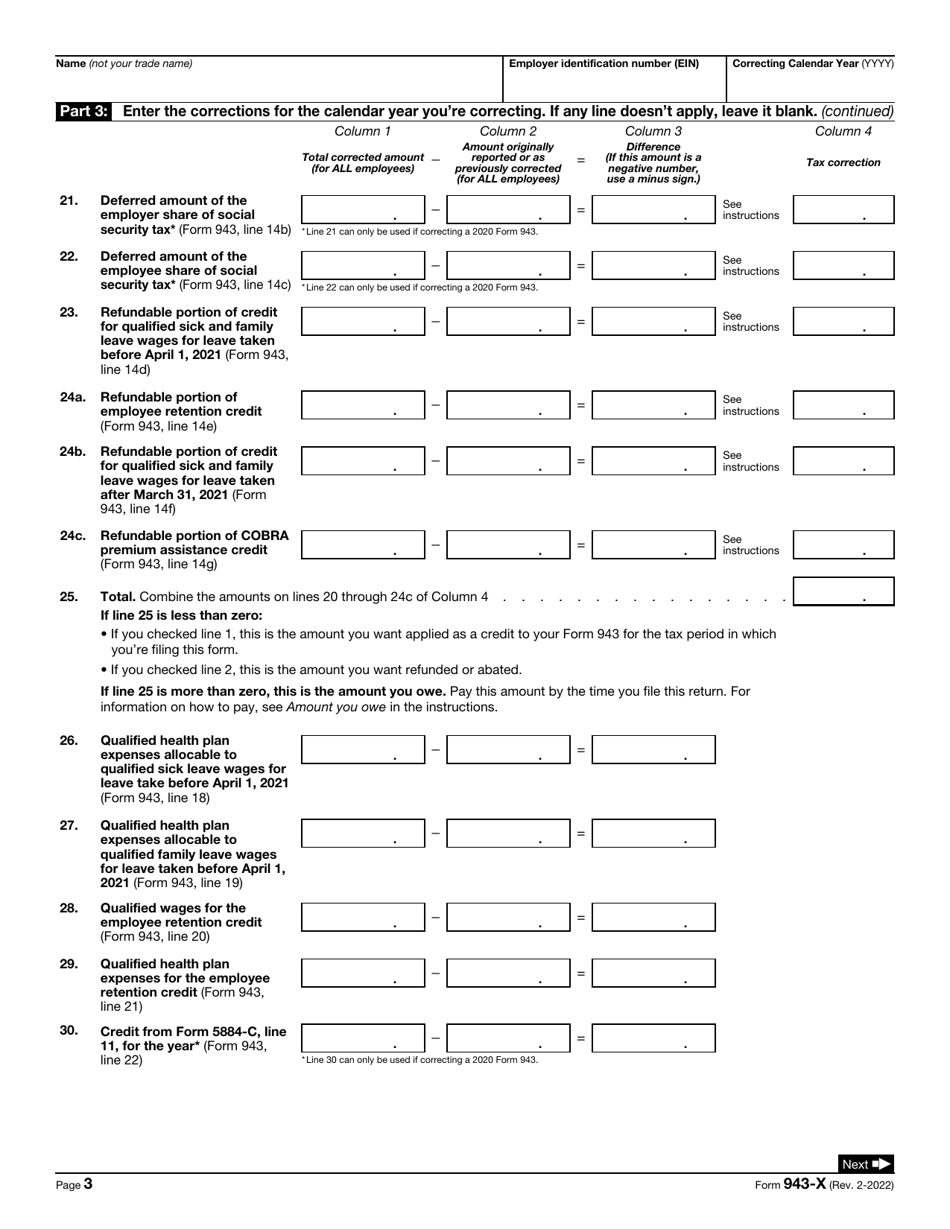 IRS Form 943-X Adjusted Employers Annual Federal Tax Return for Agricultural Employees or Claim for Refund, Page 3