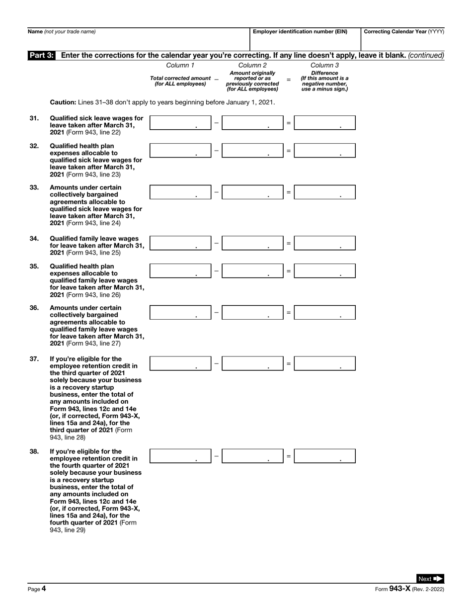 IRS Form 943-X Adjusted Employers Annual Federal Tax Return for Agricultural Employees or Claim for Refund, Page 4