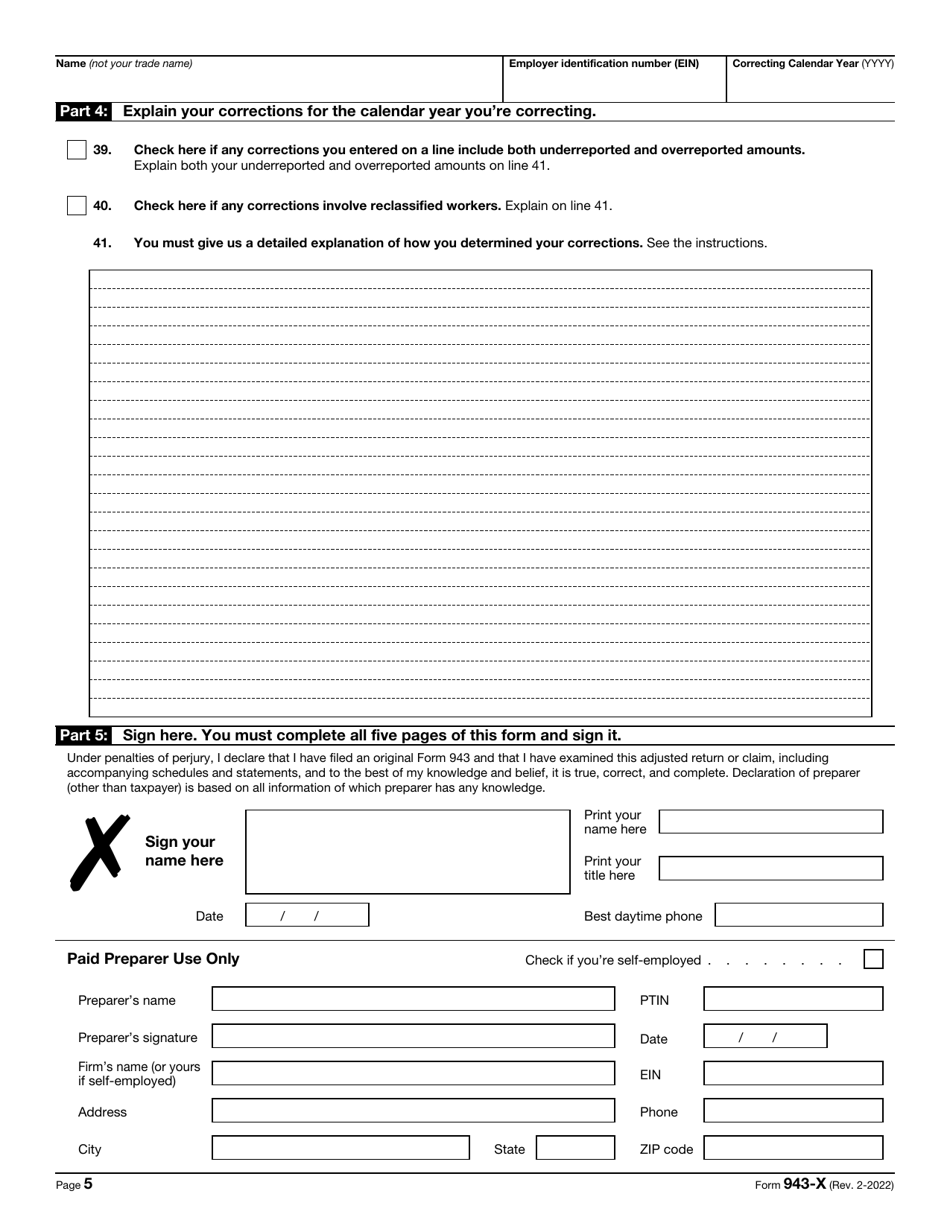IRS Form 943-X Adjusted Employers Annual Federal Tax Return for Agricultural Employees or Claim for Refund, Page 5