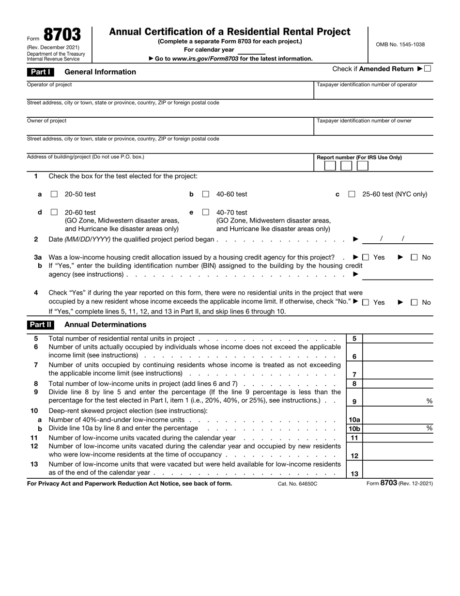 IRS Form 8703 Annual Certification of a Residential Rental Project, Page 1
