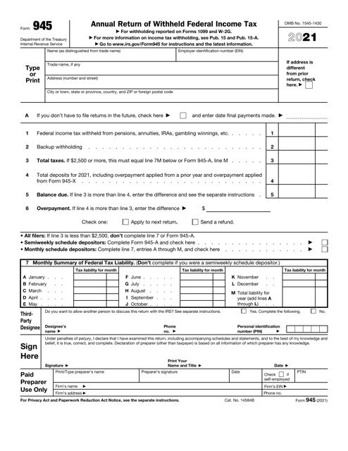 IRS Form 945 2021 Printable Pdf