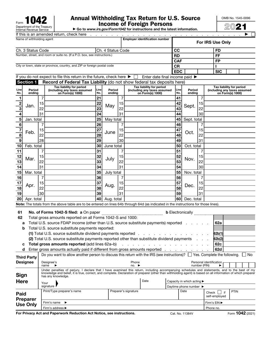 IRS Form 1042 Annual Withholding Tax Return for U.S. Source Income of Foreign Persons, Page 1