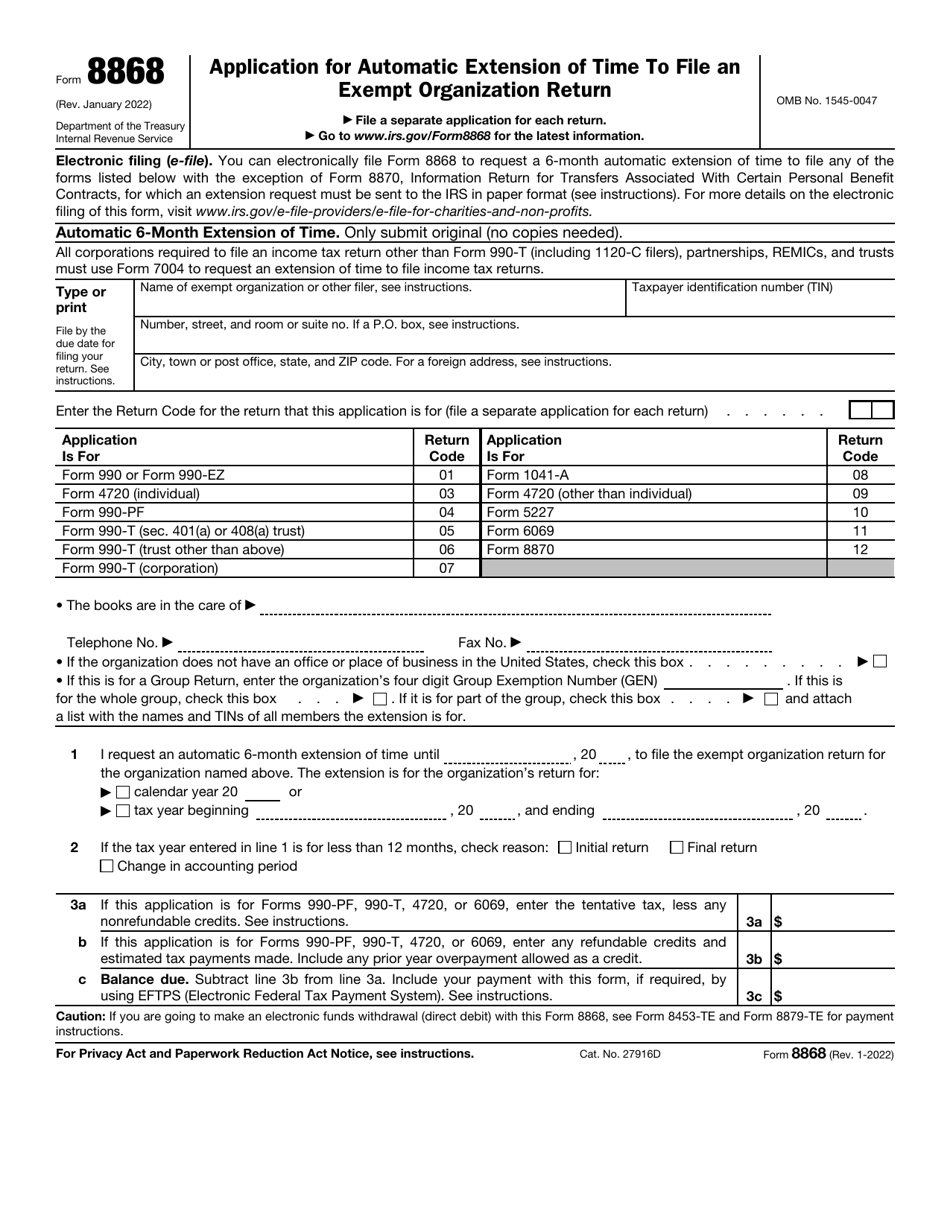 IRS Form 8868 Application for Extension of Time to File an Exempt Organization Return, Page 1